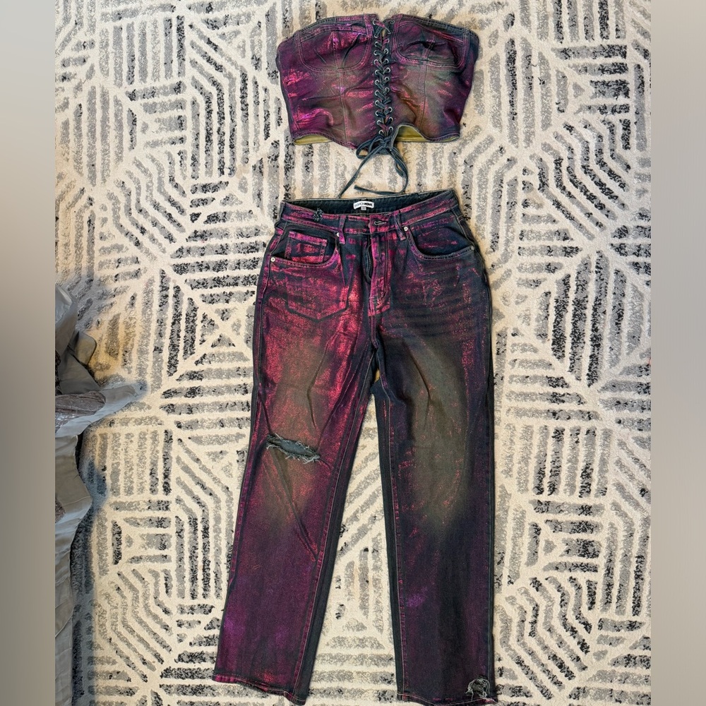 Pink foil  denim corset top pant set